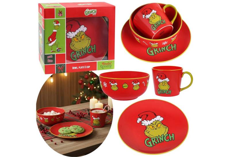 Sarcia.eu Frühstücks-Geschirrset Grinch Geschirrset – Tasse, Teller, Schüssel, rotes Frühstücksset von Sarcia.eu