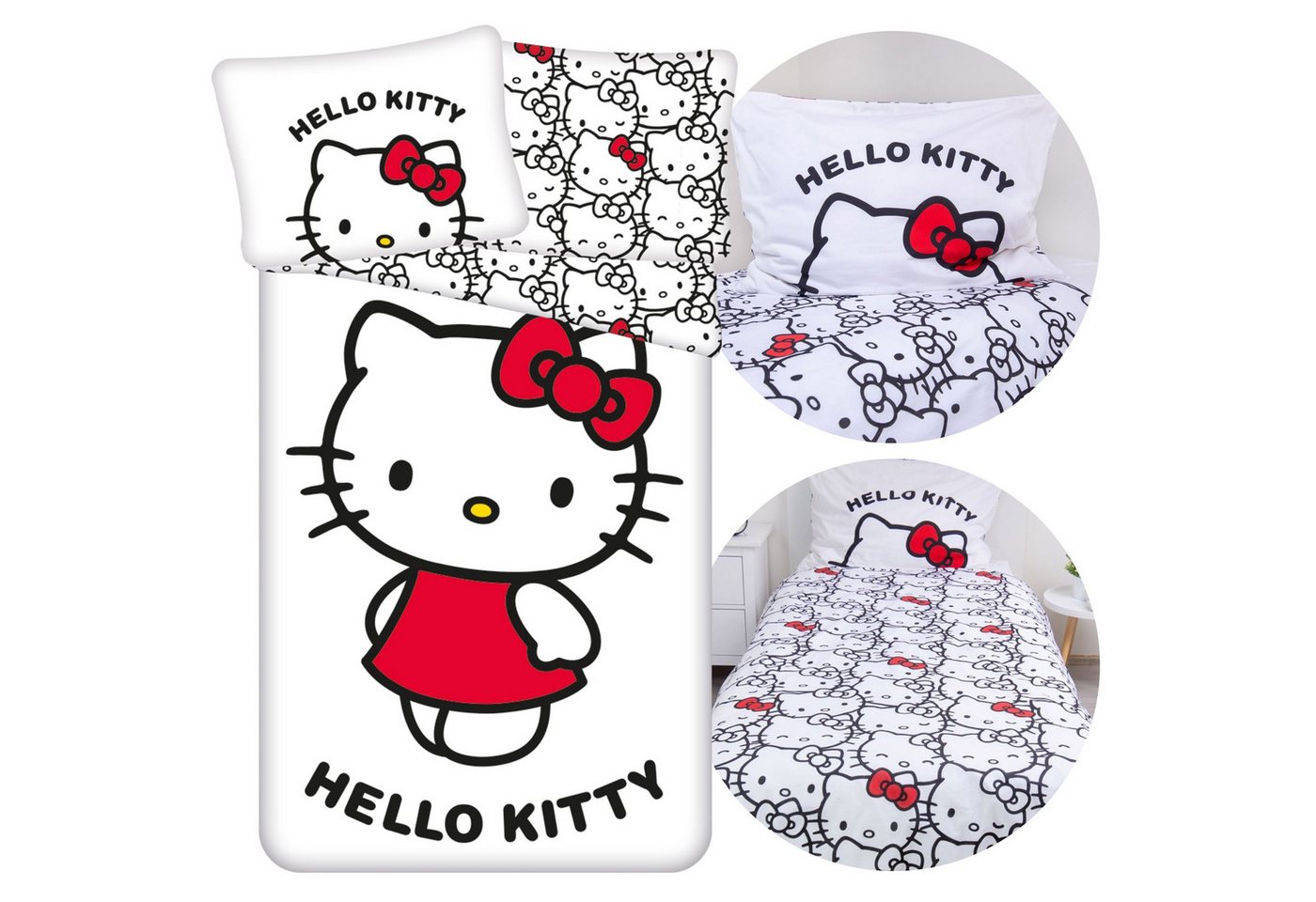 Sarcia.eu Kinderbettwäsche HELLO KITTY Weiß, BEIDSEITIG Kinder Baumwollbettwäsche 140x200+70x90cm von Sarcia.eu