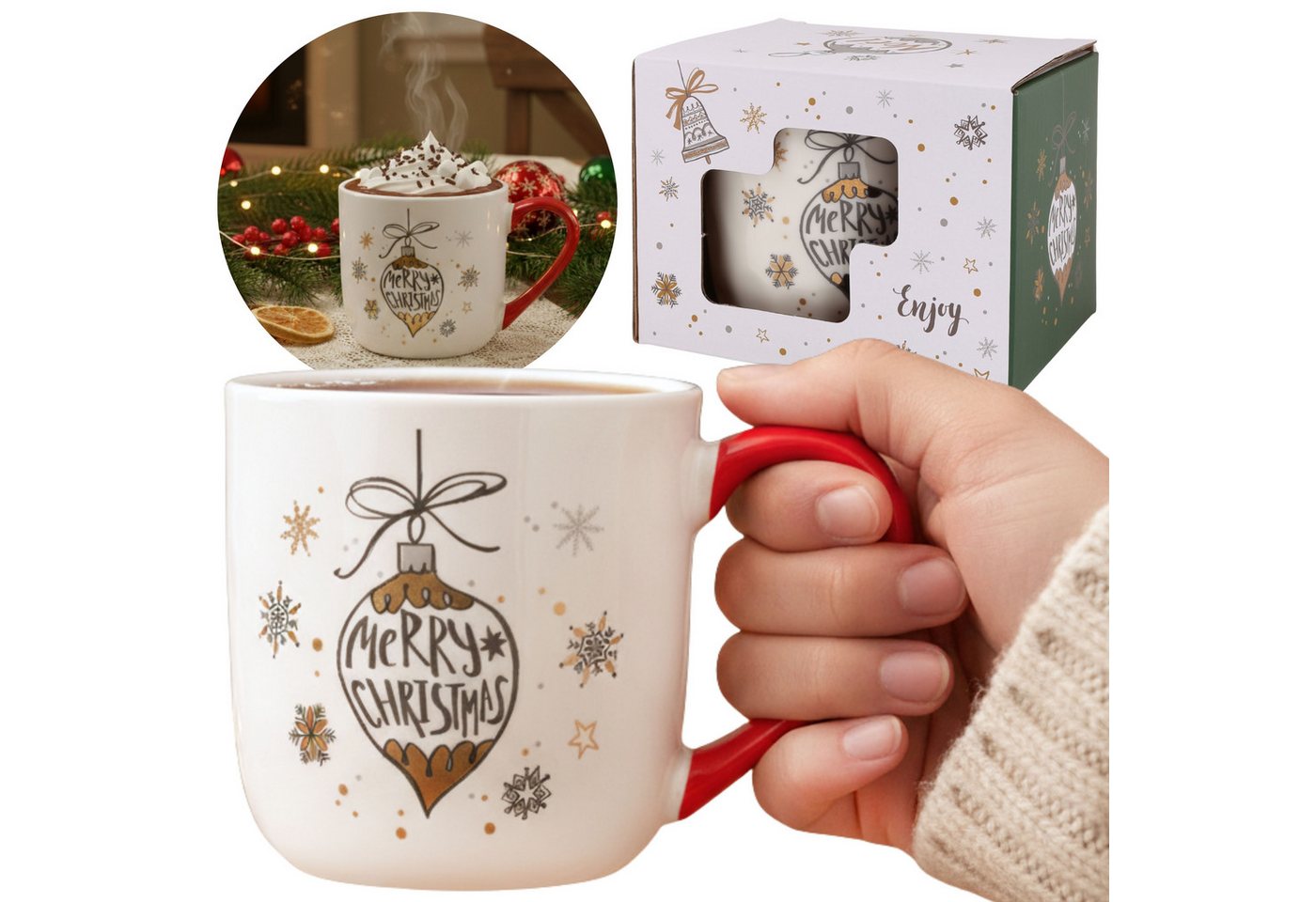 Sarcia.eu Zierbecher Weihnachtsbecher Porzellan weiß mit Henkel, Christbaumkugel, 320 ml von Sarcia.eu