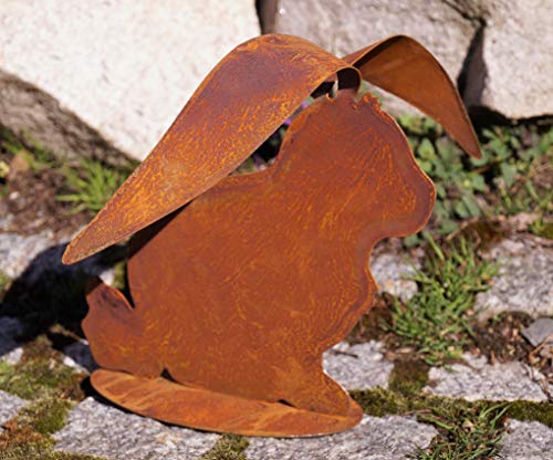 Edelrost Hase mit gebogenen Ohren auf Bodenplatte Tierfigur Ostern Gartendeko von Saremo