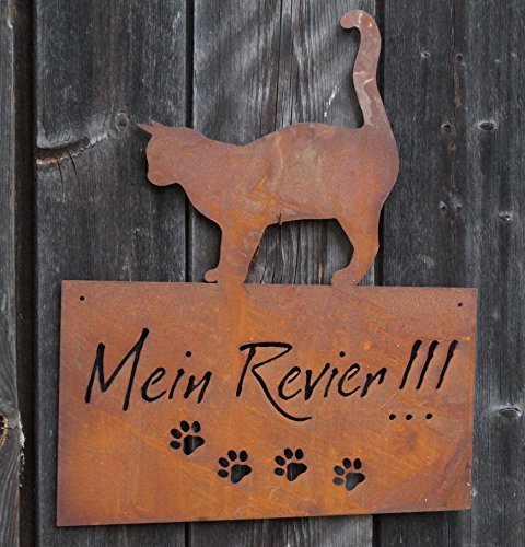 Edelrost Schild mit Katze Mein Revier 42x35cm Wandschmuck Gartendekoration Tafel von Saremo