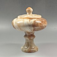 Vintage Natürliche Onyx Vase Creme Marmor Mit Deckel Retro Steinvase Weißer Alabaster Grüne Onyxvase von SariLand