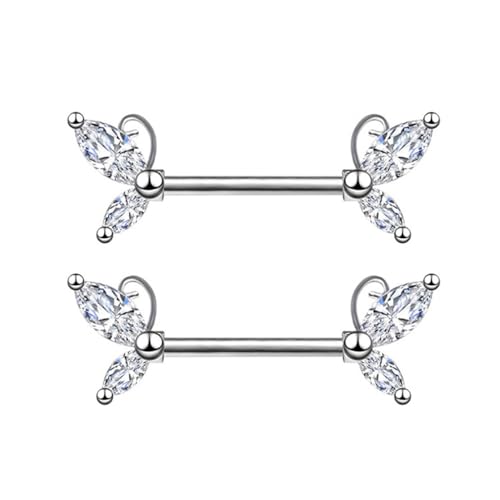 Sarini 2 Stück Brustwarzenringe Brustwarzenstecker mit süßem doppelseitigem Zirkonia-Schmetterling aus Edelstahl,gerader Stab,Körperpiercing-Schmuck für Frauen und Mädchen von Sarini