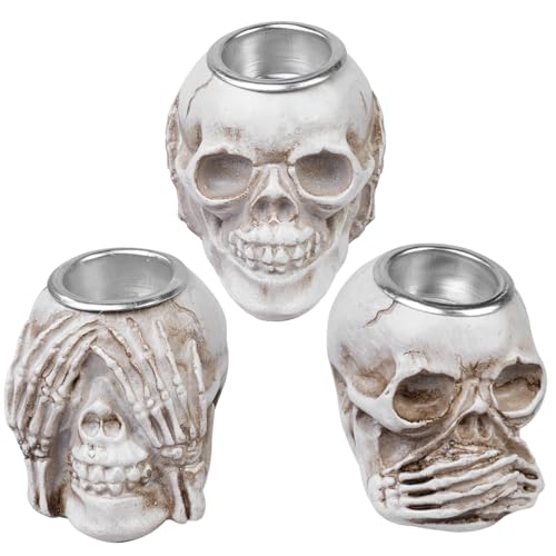 Sarini 3-teiliges Totenkopf-Dekorationsset, Totenkopf-Kerzenständer, menschliches Totenkopfmodell, Schreibtischdekoration mit dem Thema, Sprachlos“, für Halloween und zur ganzjährigen Präsentation von Sarini