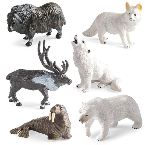 Sarini 6 Stück Mini-Polarstatuen, Rentier, Moschusochse, Schneewolf, Eisbär, Polarfuchs, Walross-Ornamente, Polarkreis-Ornamente, Polarstatuen-Set von Sarini