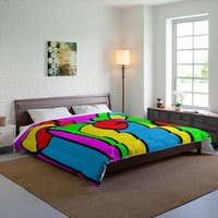 70Er Jahre Bettüberwurf, Hippie Schlafzimmer, Unikat Wohnheim Bettwäsche, Tröster, Farbblock Lebendige Kunst Tröster Loft Dekor, Trendy Bett Dekor von SaritShayLove