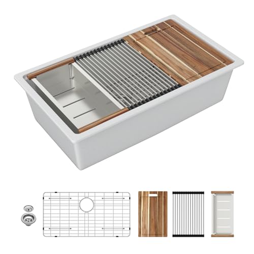 Sarlai 33 Granit Komposit Küchenspüle - 33 x 19 Zoll Granit Unterbau Küchenspüle Ledge Workstation Unterbau Weiß Quarz Klassische Einzelbecken Waschbecken unter Theke Waschbecken mit Zubehör von Sarlai