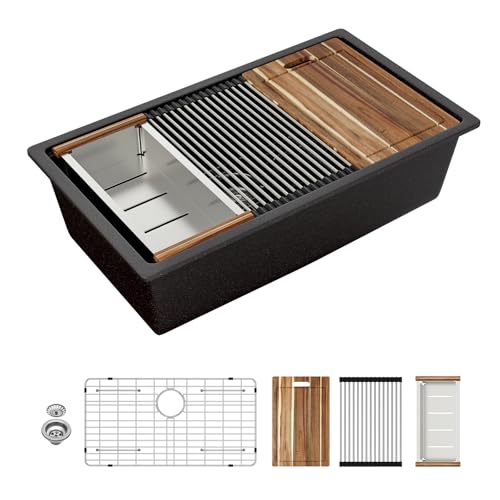 Sarlai 33 Granit Komposit Küchenspüle - 33 x 19 Zoll Granit Unterbau Küchenspüle Ledge Workstation Unterbau Weiß Quarz Klassische Einzelbecken Waschbecken unter Theke Waschbecken mit Zubehör von Sarlai