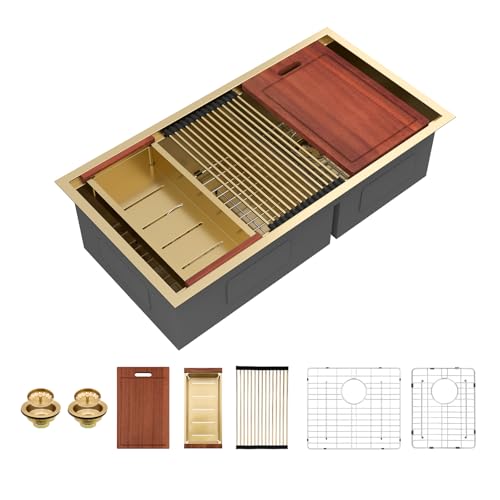 Sarlai 91,4 cm Gold Unterbau Küchenspüle Doppelbecken Großer Arbeitsplatz Niedrig geteilt Gold Edelstahl Spüle 16 Gauge 60/40 Spülbecken Doppelbecken von Sarlai