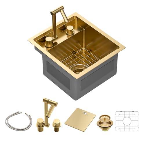 Sarlai Außenspüle, 38,1 x 43,2 cm, goldfarben, Unterbau, Küchenspüle, Arbeitsplatz mit faltbarer Wasserhahnstange, Vorbereitung, Einzelschüssel, goldfarbene Küchenspüle, 16 Gauge von Sarlai