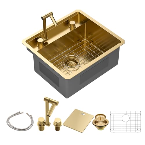Sarlai Außenspüle, 53,3 x 48,3 cm, goldfarben, Unterbau, Küchenspüle, Arbeitsplatz mit faltbarer Wasserhahnstange, Vorbereitung, Einzelschüssel, goldfarbene Küchenspüle, 16 Gauge, Edelstahl von Sarlai