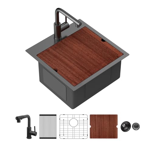 Sarlai Drop Bar Spüle – 45,7 cm schwarze Outdoor-Küchenspüle mit ausziehbarem Wasserhahn, Gunmetal Black Drop In Workstation 18 x 18 Topmount Edelstahl 16 Gauge Single Bowl Bar Prep RV Outdoor von Sarlai