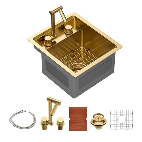 Sarlai Goldene Unterbauspüle – 38,1 x 43,2 cm Outdoor-Küchenspüle für Wohnmobile, Arbeitsplatz, Gold, 16 Gauge, Edelstahl, Einzelschüssel, handgefertigt, Outdoor-Grillspülen mit faltbarem Wasserhahn von Sarlai
