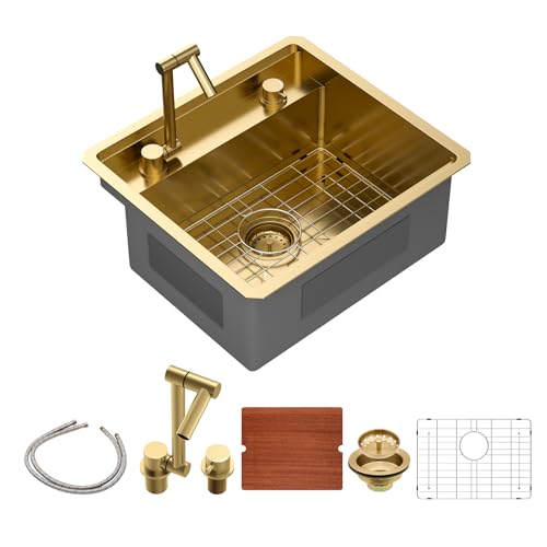 Sarlai Goldfarbene Unterbau-Barspüle, 53,3 x 48,3 cm, Outdoor-Küchenspüle, Wohnmobil-Arbeitsplatz, Gold, 16 Gauge, Edelstahl, Einzelschüssel, handgefertigt, Outdoor-Grillspülen mit faltbarem von Sarlai