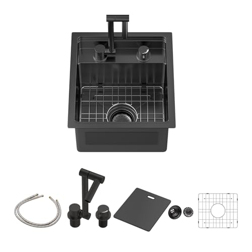 Sarlai Schwarze Außenspüle, 38,1 x 43,2 cm, Unterbau-Küchenspüle, Arbeitsplatz mit faltbarer Wasserhahnstange, Vorbereitung, Einzelschüssel, Gunmetal Black, 16 Gauge, Edelstahl-Spülen mit Abdeckung von Sarlai