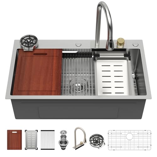 Sarlai Schwarze Wasserfall-Küchenspüle, 76,2 cm, Wasserfall-Arbeitsplatz, Küchenspüle, Edelstahl, 16 Gauge, Topmount, Einzelschüssel, multifunktionale Aufsatzspüle mit Wasserhahn, Kombi, 30 x 19 x 9 von Sarlai