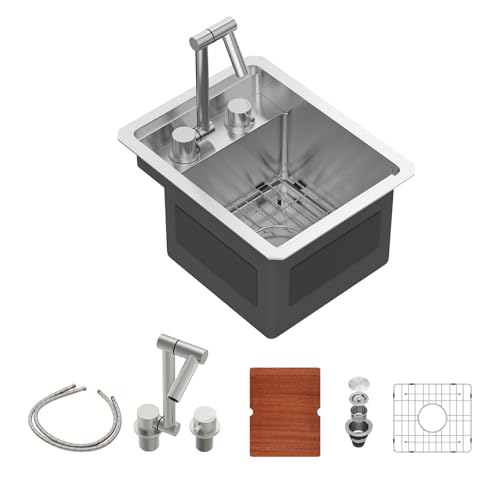 Sarlai Unterbau-Barspüle mit faltbarem Wasserhahn, 30,5 x 38,1 cm, Outdoor-Küchenspüle, Wohnmobil-Arbeitsplatz, 16 Gauge, Edelstahl, Einzelschüssel, handgefertigt, Outdoor-Grillspülen von Sarlai