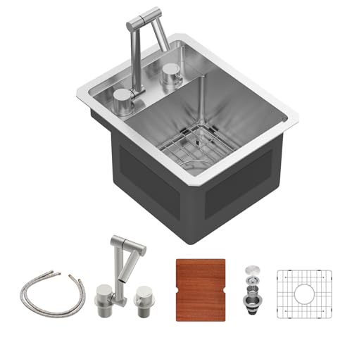 Sarlai Unterbau-Barspüle mit faltbarem Wasserhahn, 33 x 38,1 cm, Outdoor-Küchenspüle, Wohnmobil-Arbeitsplatz, 16 Gauge, Edelstahl, Einzelschüssel, handgefertigt, Outdoor-Grillspülen von Sarlai