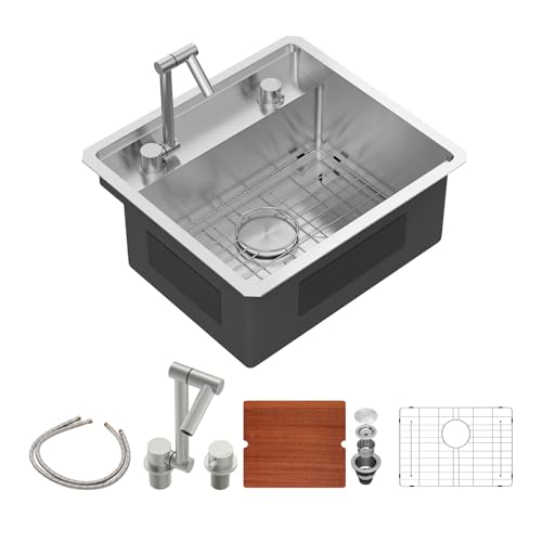 Sarlai Unterbau-Barspüle mit faltbarem Wasserhahn, 53,3 x 48,3 cm, Outdoor-Küchenspüle, Wohnmobil-Arbeitsplatz, 16 Gauge, Edelstahl, Einzelschüssel, handgefertigt, Outdoor-Grillspülen von Sarlai