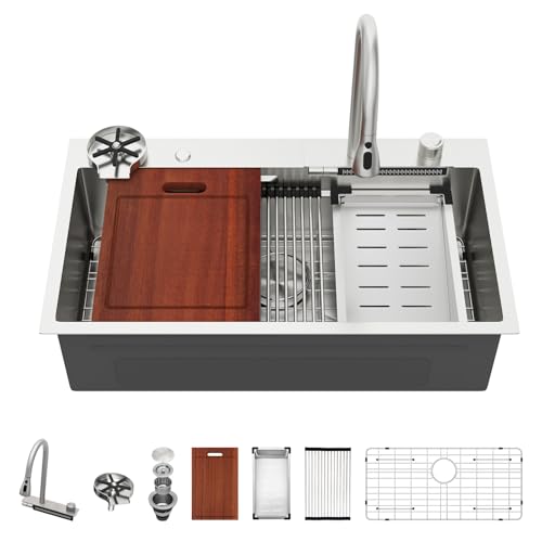 Sarlai Wasserfall-Küchenspüle – 84 cm (33 Zoll), Workstation-Spüle mit Wasserfall, Edelstahl, 16 Gauge, Multifunktions-Einzelschüssel, Smart-Top-Halterung, Küchenspülen mit mechanischen Tasten, 83 x von Sarlai