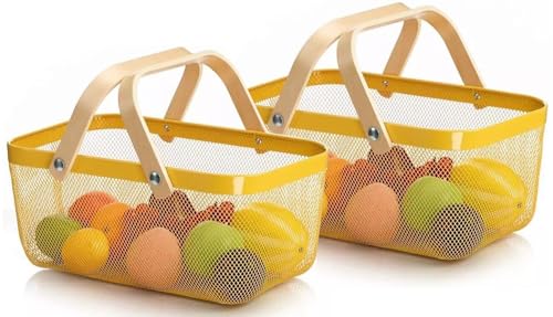 Sarmini 2er-Set Obstkorb für Küche Theke Aufbewahrungskorb Erntekorb mit Griff Gartenkorb Gemüsekorb Rechteck Metall Mesh Korb (Gelb, Rechteck) von Sarmini