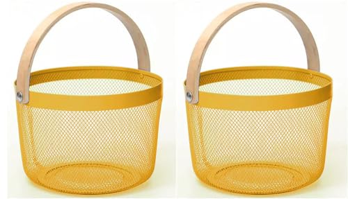 Sarmini 2er-Set Obstkorb für Küche Theke Aufbewahrungskorb Erntekorb mit Griff Gartenkorb Gemüsekorb Rechteck Metall Mesh Korb (Gelb, Rund) von Sarmini