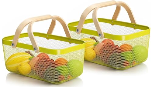 Sarmini 2er-Set Obstkorb für Küche Theke Aufbewahrungskorb Erntekorb mit Griff Gartenkorb Gemüsekorb Rechteck Metall Mesh Korb (Grün, Rechteck) von Sarmini