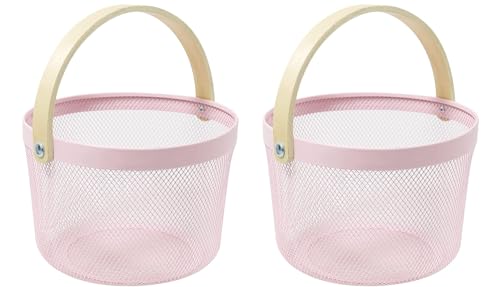 Sarmini 2er-Set Obstkorb für Küche Theke Aufbewahrungskorb Erntekorb mit Griff Gartenkorb Gemüsekorb Rechteck Metall Mesh Korb (Rosa, Rund) von Sarmini