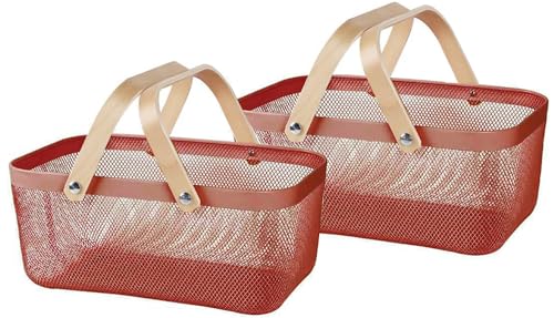 Sarmini 2er-Set Obstkorb für Küche Theke Aufbewahrungskorb Erntekorb mit Griff Gartenkorb Gemüsekorb Rechteck Metall Mesh Korb (Rot, Rechteck) von Sarmini