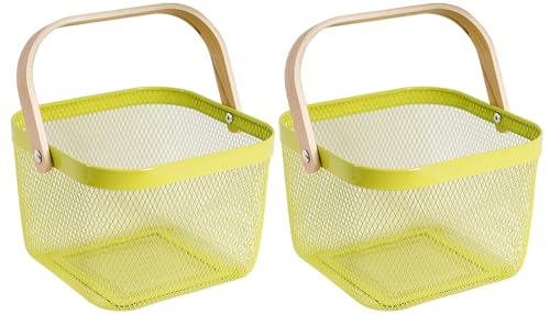 Sarmini 2er-Set Obstkorb für Küche Theke Aufbewahrungskorb mit Holz Henkel Gartenkorb zum Ernten von Gemüsekorb Rechteck Metall Mesh Korb für Organisation Picknickkorb (Grün, Quadrat) von Sarmini