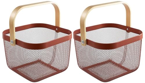 Sarmini 2er-Set Picknickkorb Obstkorb für Küche Theke Aufbewahrungskorb Erntekorb mit Griff Gartenkorb zum Ernten von Gemüsekorb Rechteck Metall Mesh Korb für Organisation (Rot, Quadrat) von Sarmini