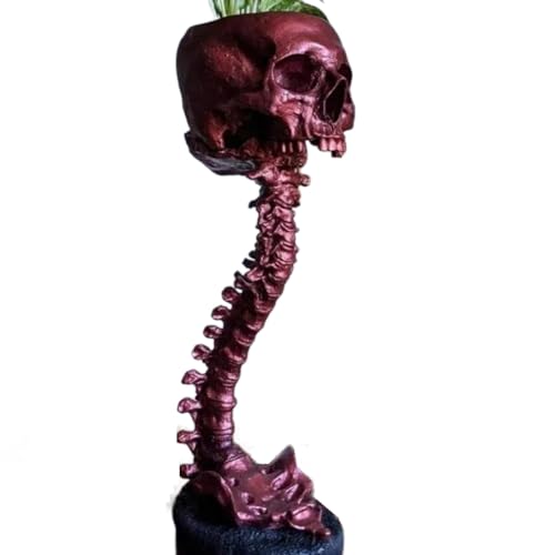 Sarngk Harz-Totenkopf-Pflanzgefäß und Wirbelsäulenständer-Set, Polyresin-Totenkopf-Topf, Halloween-Dekoration, Retro-Menschenschädelkopf-, Einfach zu Verwenden, Rot von Sarngk