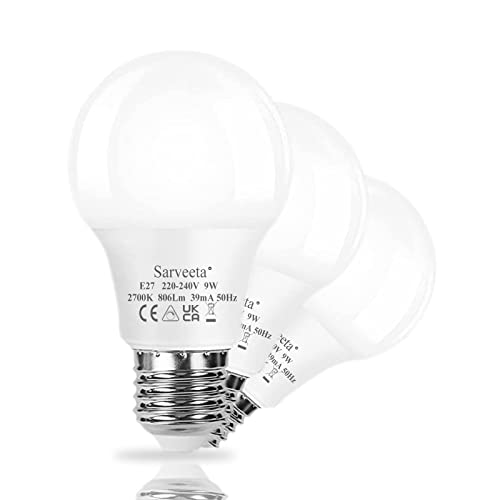 Sarveeta 3 Stück E27 LED Light Bulb 9W Dimmbar,A60 Bulb Replaces 60 W Halogenlampe,806LM,Warmweiß 2700K von Sarveeta