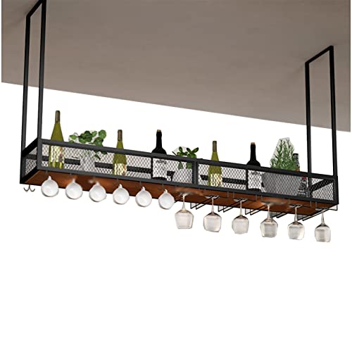 SaryEdge Hängendes Deckenregal, industrielles hängendes Weinregal mit Glashalter und Regal, einlagiges Decken-Weinglasregal schwarz, für Bar/Küche/Esszimmer, schwarz 100 x 30 x 80 von SaryEdge