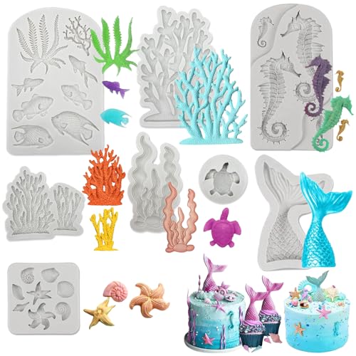 8 Stück Silikonform Meerestiere 3D Fondant Formen Meerestiere Meeres Silikonformen Silikon Backform Meerjungfrau 3D Ozean Tier Silikon Backformen für Kuchen Dekoration und Kunsthandwerk von Sasibiyb