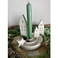 Kerzenteller Mit Lichterhäuser , Weiß, Advent, Weihnachtsgeschenk, Kerzengeschenk, Raysin Dekoration, Weihnachten, Herbstzeit, Dekoration von Sasomethingnice
