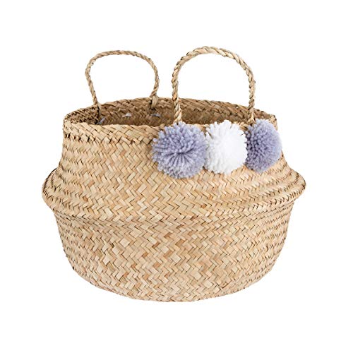 Sass & Belle Aufbeahrungskorb Bast mit Bommeln Flieder Natur BASK007 Boho ca L30 x H30 cm Basket Storage Pom Pom Grey Seagrass von Sass & Belle