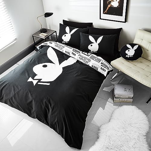 Playboy Classic Bunny Wende-Bettwäsche-Set für Doppelbett mit Kissenbezügen, Schwarz/Weiß von Sassy B