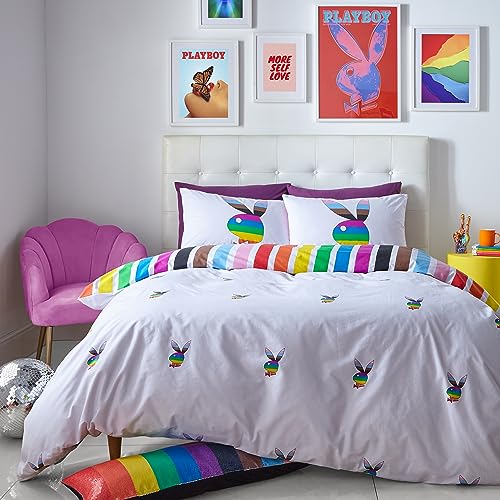 Sassy B Playboy Bedding Wende-Bettwäsche-Set mit Kissenbezügen, Regenbogen-Hase, für Doppelbett, Weiß von Sassy B