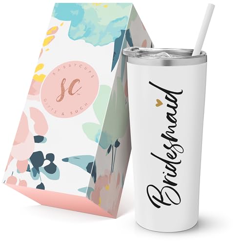 SassyCups Bridesmaid Tumbler | Vacuum Insulated Stainless Steel Cup with Straw for Bridesmaid Proposal | Will You Be My Bridesmaid | Newly Engaged Travel Mug | Bridal Party (22 Ounce, White) von SassyCups