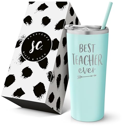 SassyCups Isolierbecher mit Aufschrift ÑBest Teacher Everì, mit Deckel und Strohhalm, Geschenkidee f¸r Lehrer, Geschenk zum Ende des Jahres, Geschenk zum Ruhestand von SassyCups