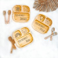 Personalisierter Bambusteller Mit Saugnapf, Graviert Süßen Motiven, Kinderteller, Babyteller Namen von SassyloveDE