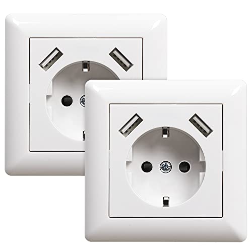 Sasudose 2 Pack Steckdose mit USB Anschluss (Max. 3.4A) Unterputz Schuko USB Steckdose Weiß System 55 Reinweiß Glänzend Wandsteckdose Schutzkontakt-Steckdose Passent in Standard Unterputzdose von Sasudose