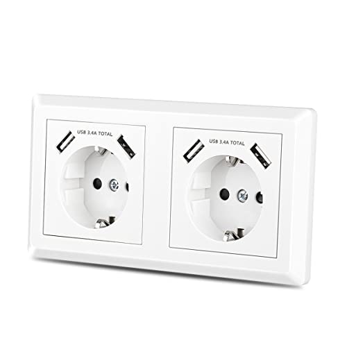 Sasudose Doppelsteckdose mit 4 x USB Anschluss, USB Schuko Wandsteckdose Passt in Standard 2-fach Unterputzdose, Schutzkontakt USB Steckdose Unterputz System 55 Reinweiß glänzend weiß von Sasudose