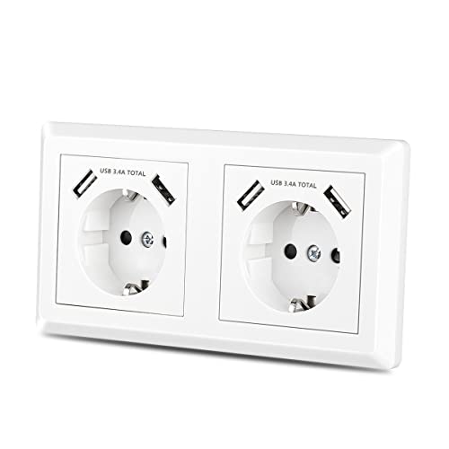 Sasudose Doppelsteckdose mit 4 x USB Anschluss, USB Schuko Wandsteckdose Passt in Standard 2-fach Unterputzdose, Schutzkontakt USB Steckdose Unterputz System 55 Reinweiß Glänzend weiß von Sasudose