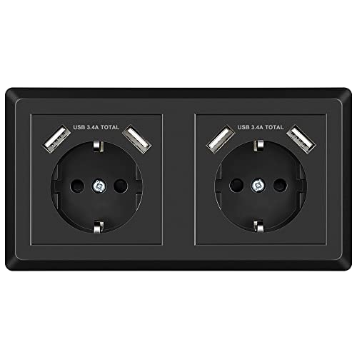 Sasudose Doppelsteckdose, USB Steckdose Schwarz System 55 Schutzkontakt-Steckdose Passt in Standard 2-fach Unterputzdose, Wandsteckdose Unterputz für Smartphone MP3 Aufladung von Sasudose