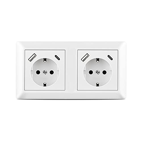 Sasudose Doppelsteckdose mit 2 USB Anschluss und 2 Typ C, System 55 Reinweiß Glänzend USB Steckdose Unterputz Passt in Standard 2-fach Unterputzdose Wandsteckdose für Smartphone, Sockeltiefe nur 32mm von Sasudose