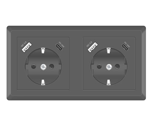 Sasudose Doppelsteckdose mit USB C Anschluss, 2-fach Schuko USB Steckdose Unterputz PD18W Schnellladegerät System 55 Grau Schutzkontaktsteckdose für Smartphone Tablet MP3 Sasudose Doppelsteckdose mit USB C Anschluss, 2-fach Schuko USB Steckdose Unterputz PD18W Schnellladegerät System 55 Grau Schutzkontaktsteckdose für Smartphone Tablet MP3 von Sasudose