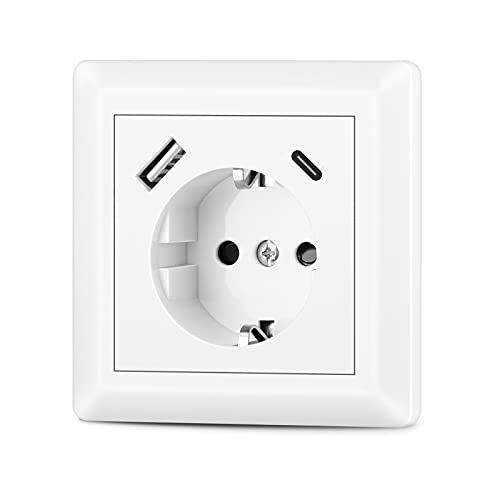 Sasudose Steckdose mit USB Anschluss und Typ C (Max. 3.4A) System 55 Reinweiß Glänzend Schuko USB Steckdose Unterputz Schutzkontakt-steckdose Wandsteckdose für Smartphone, Sockeltiefe nur 32mm von Sasudose