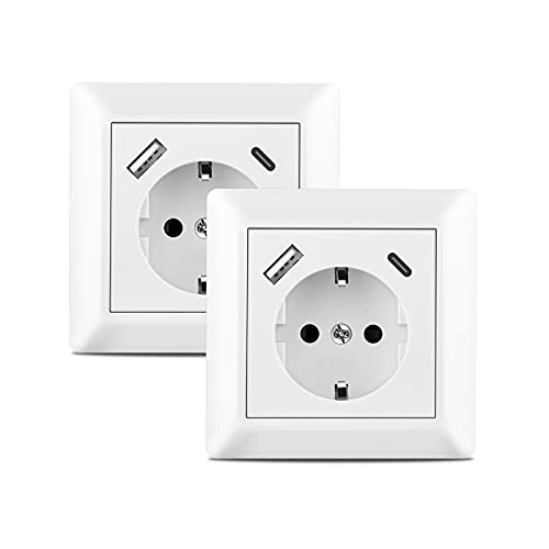 Sasudose USB C Steckdose, 2 X Steckdose mit USB Ladegerät Anschluss und Typ C (Max. 3.4A) Schuko Steckdose USB Unterputz System 55 Reinweiß Glänzend Wandsteckdose Passent in Standard Unterputzdose von Sasudose